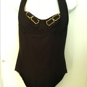 Black one piece swimsuit with halter straps. Size 14